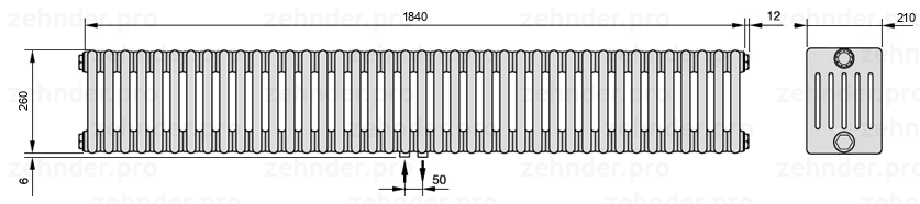 Схема (чертеж) Радиатор Zehnder Charleston 6026/40 №3470 Белый глянцевый RAL 9016